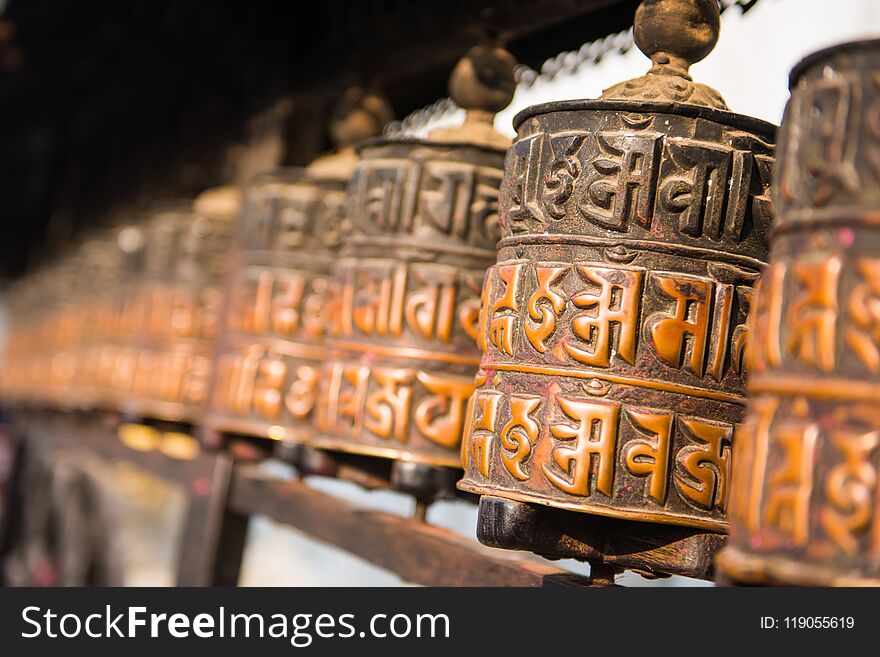 Buddhist prayer wheels at the Monkey Temple in Nepal