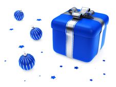 Gift Box With Blue Striped Christmas Balls Royalty Free Stock Photography