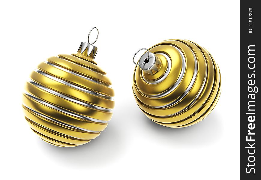 Two Gold Striped Christmas Balls isolated on white background