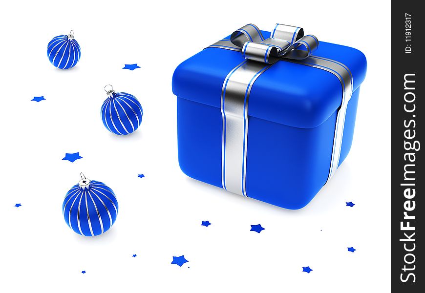 Gift Box With Blue Striped Christmas Balls isolated on white background