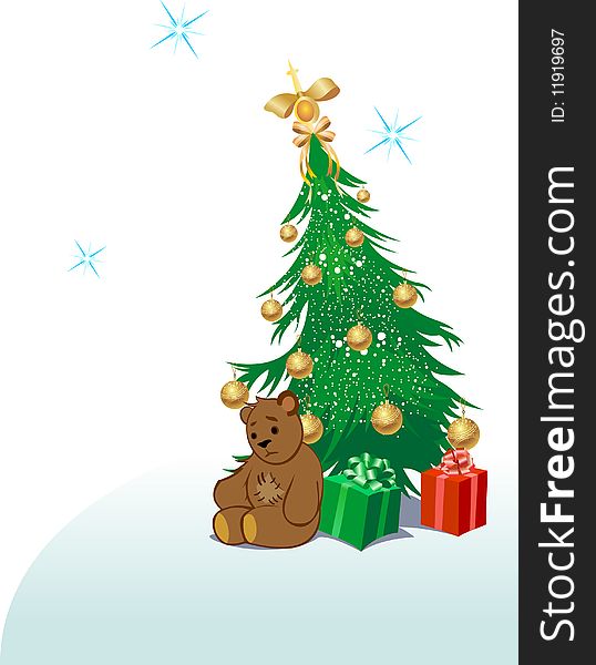 Illustration of a Christmas tree with presents under it and brown teddy bear. File included EPS 8.0, High-Res JPEG Objects are layered separately. Illustration of a Christmas tree with presents under it and brown teddy bear. File included EPS 8.0, High-Res JPEG Objects are layered separately.