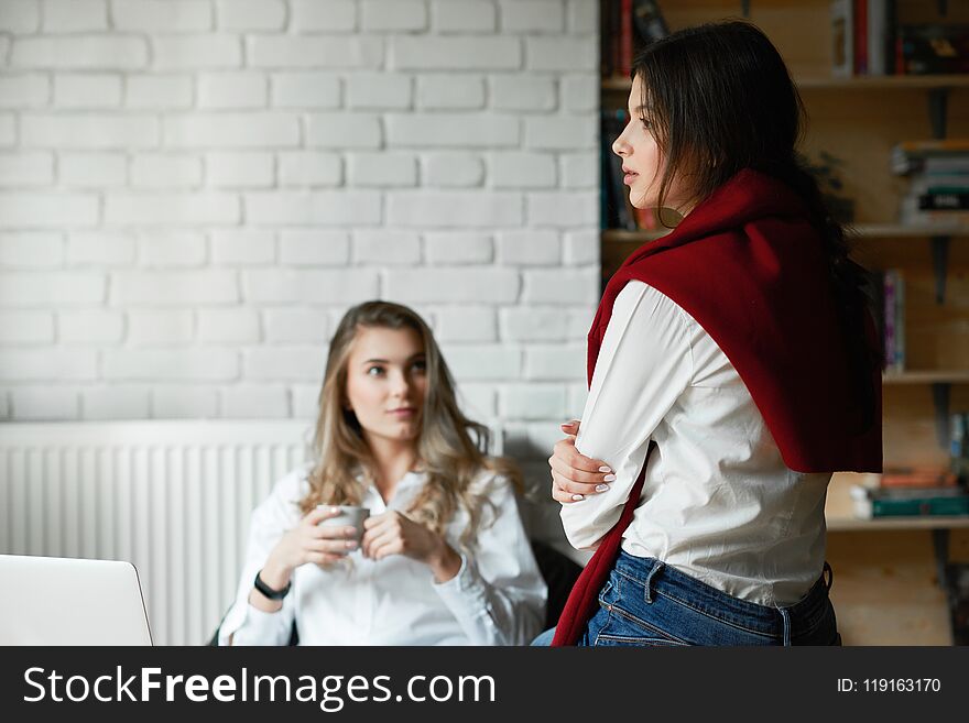 Two female friends communicating, working with laptop