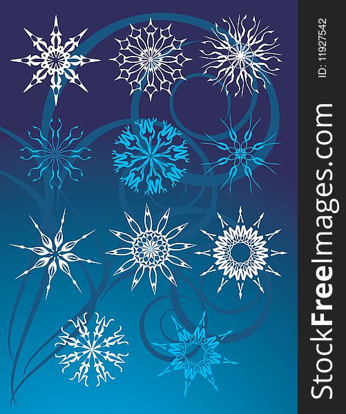 Collection of snowflakes on the blue background. Vector illustration