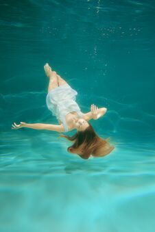 Underwater Scene. Girl Mermaid With Healthy Shiny Beautiful Long Royalty Free Stock Photos