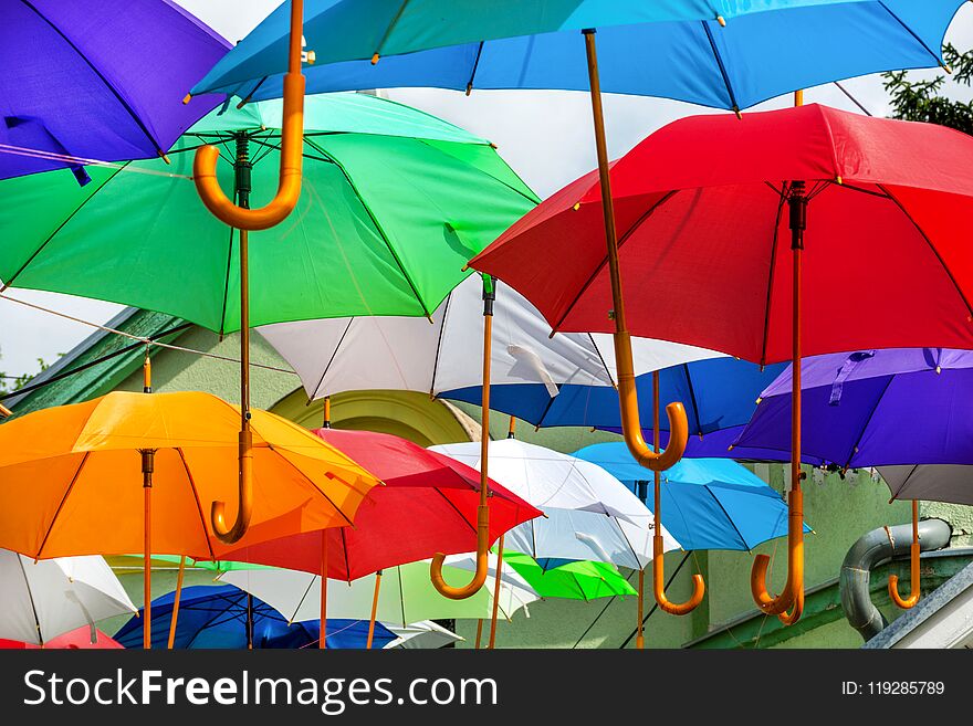 Colorful umbrellas urban street decoration
