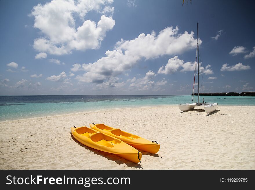 View of vilamendhoo island at the water bungalows side in the Indian Ocean, Maldives