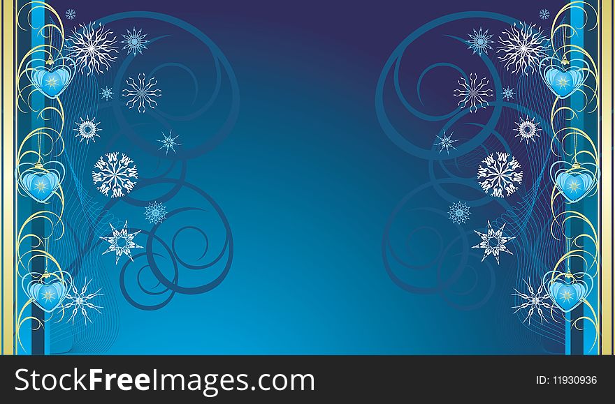 Blue Christmas toys with snowflakes. Banner