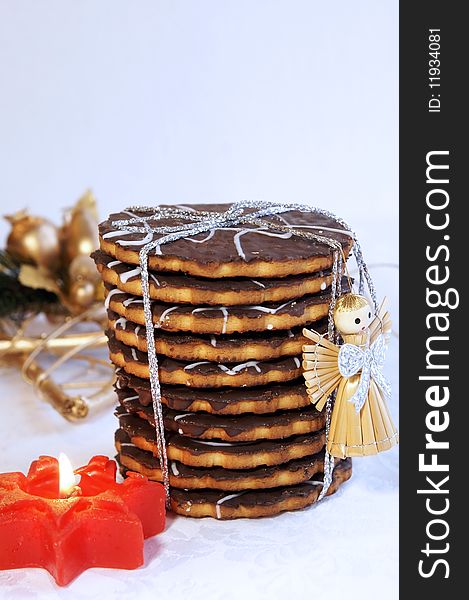 Homemade chocolate cookies for Christmas and New Year gift, arranged with festive decoration