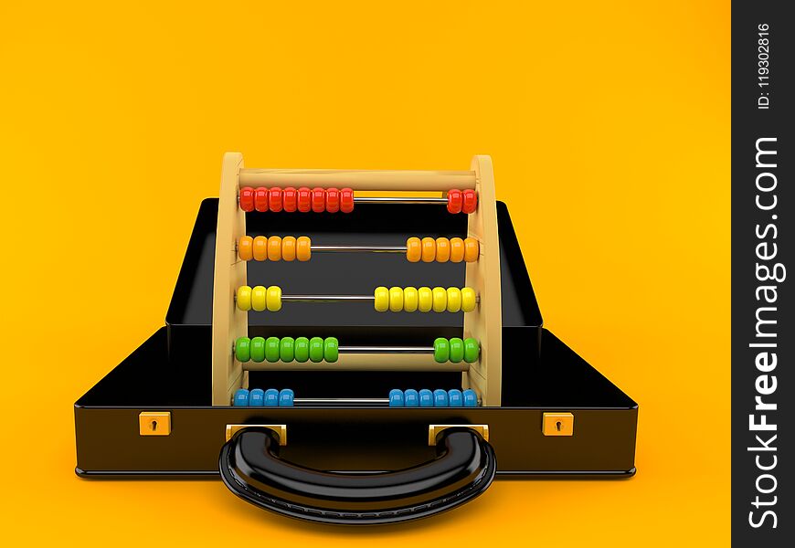 Abacus inside briefcase isolated on orange background. 3d illustration