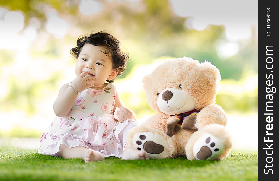 Baby Sitting On Green Grass Beside Bear Plush Toy At Daytime