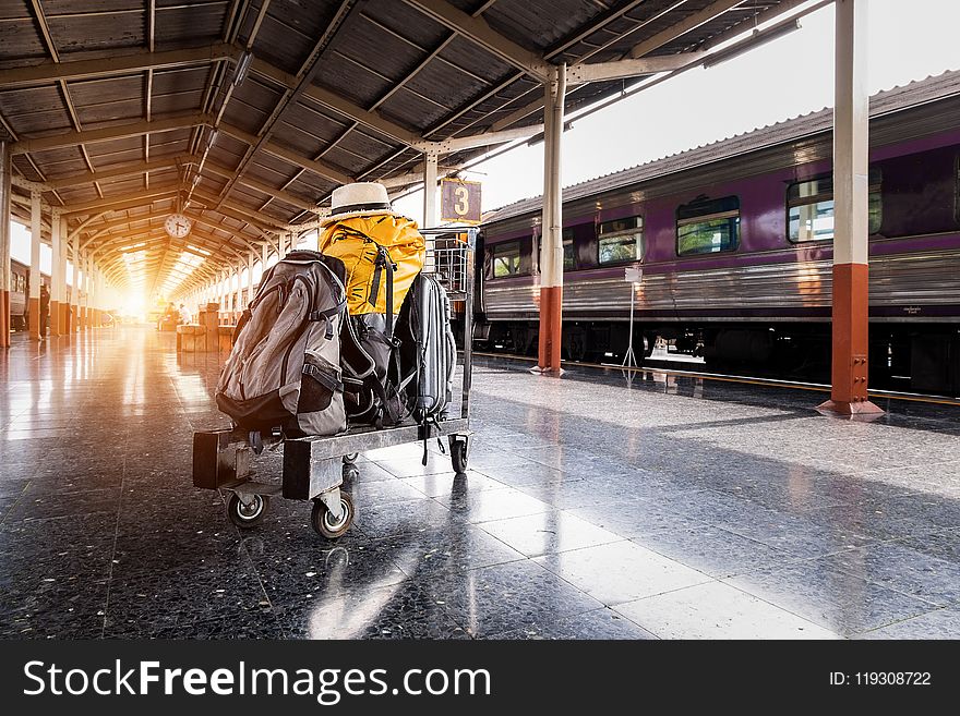 Several Bags on Trolley Near Train in Station
