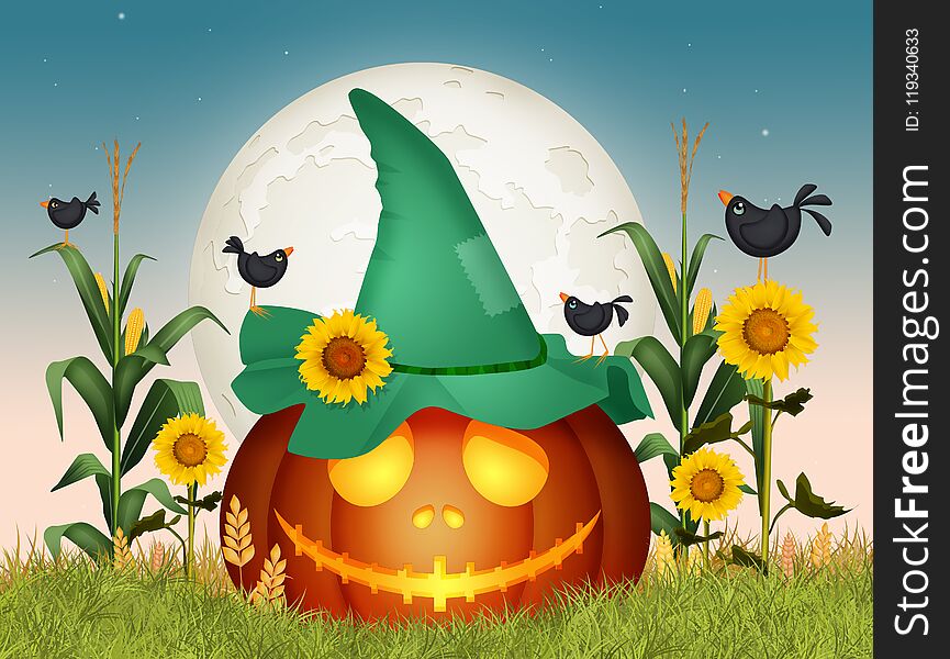 Illustration of pumpkin with scarecrow hat