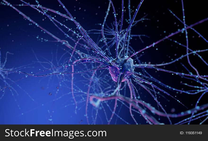 Conceptual illustration of neuron cells with glowing link knots in abstract dark space, high resolution 3D illustration 3d render. Conceptual illustration of neuron cells with glowing link knots in abstract dark space, high resolution 3D illustration 3d render