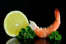 Fresh Shrimp With Slice Of Lemon. Stock Image