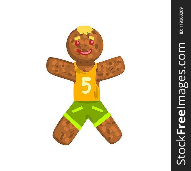 Gingerbread man in costume of soccer player, Christmas character with funny face vector Illustration on a white