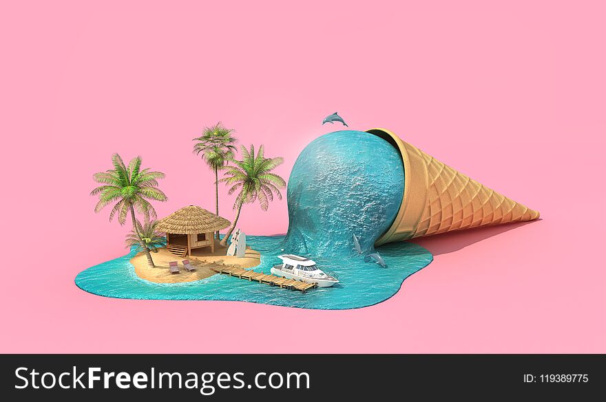 Travel concept. Relaxation island in the sea as melting ice cream