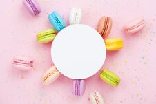 Creative Mockup With Colorful Macaron Or Macaroon On Pink Pastel Background Top View. Flat Lay Composition. Royalty Free Stock Images