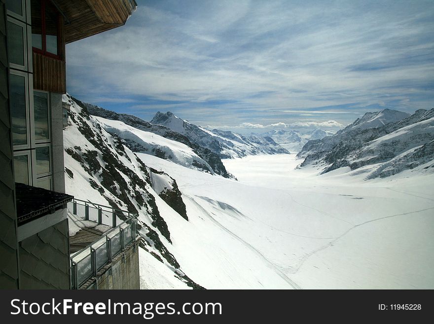 View from the lodge atop the Jungfrau in the Swiss alps. View from the lodge atop the Jungfrau in the Swiss alps.