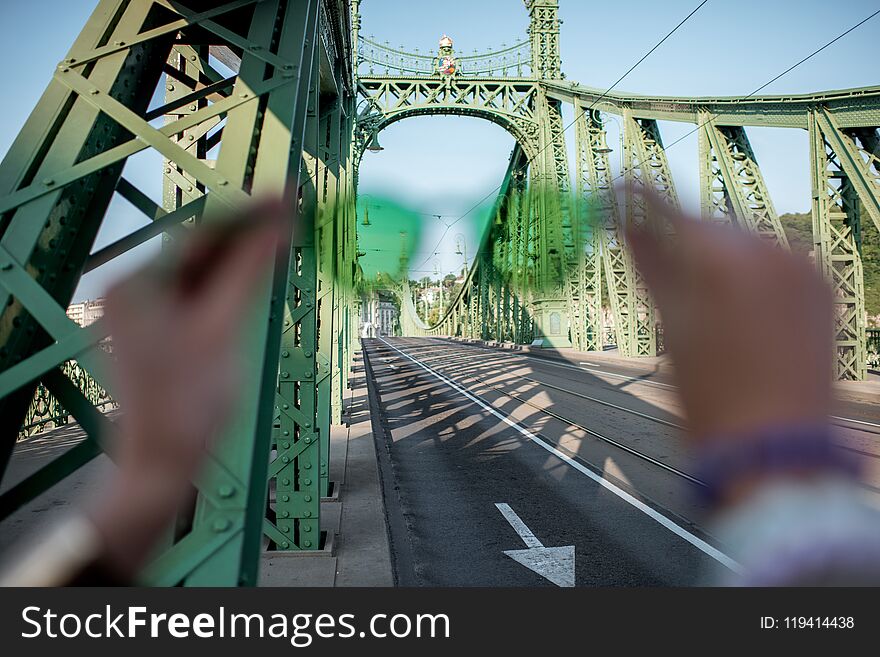 Liberty bridge through the sunglasses in Budapest