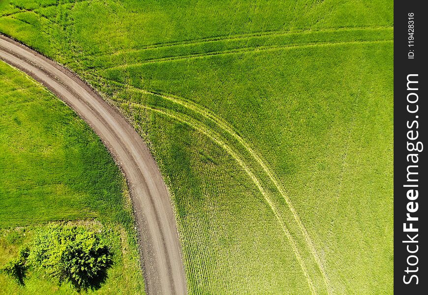 view from above on field with a road in Russia