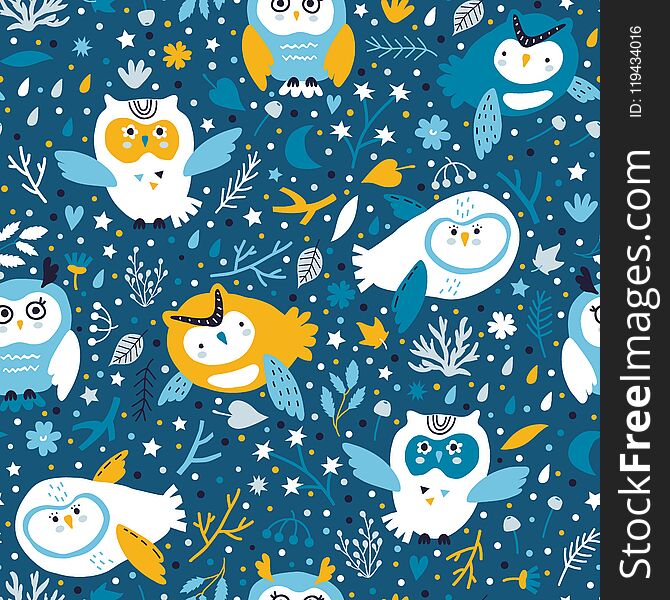 Vector seamless background pattern with beautiful scandinavian owls for baby shower, fabric, textile. Vector seamless background pattern with beautiful scandinavian owls for baby shower, fabric, textile