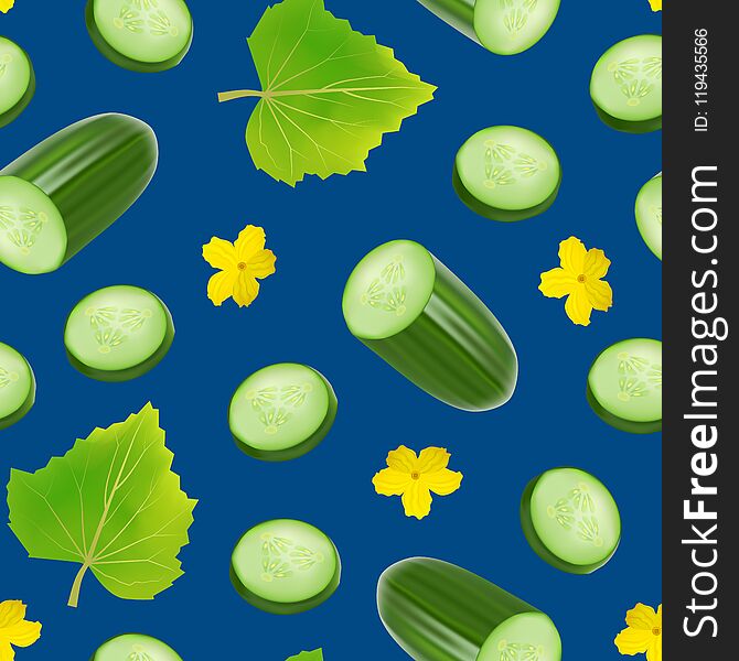 Realistic 3d Green Whole Cucumber And Slices Seamless Pattern Background. Vector