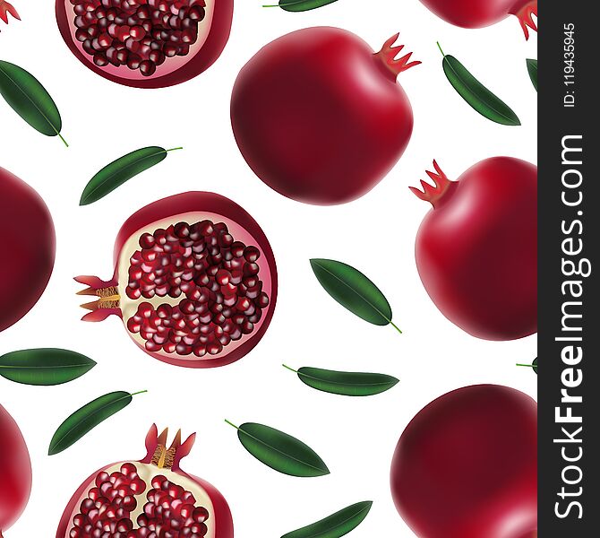 Realistic Detailed 3d Red Fresh Whole Pomegranate with Seeds and Half Healthy Fruit Seamless Pattern Background on a White. Vector illustration of Natural Sweet. Realistic Detailed 3d Red Fresh Whole Pomegranate with Seeds and Half Healthy Fruit Seamless Pattern Background on a White. Vector illustration of Natural Sweet