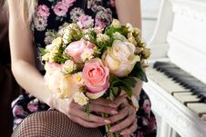 Woman Holding A Gorgeous Flower Bouquet In Pink Tones Decorated With A Bow For Valentine S Day And For The Bride Stock Photo