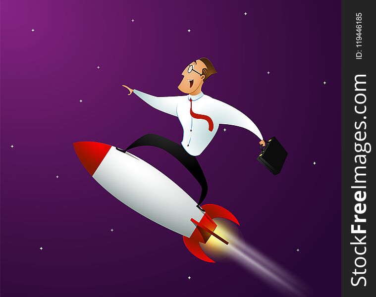 Happy Businessman Standing On Rocket Ship