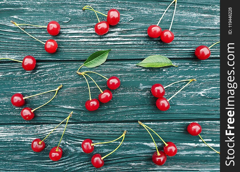 Cherry Pattern On A Wooden Background Summer