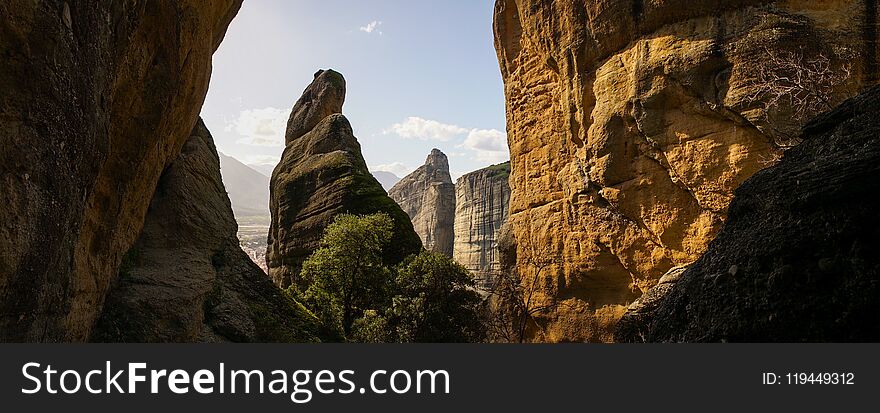 Meteora mountains and rock monasteries in Greece.