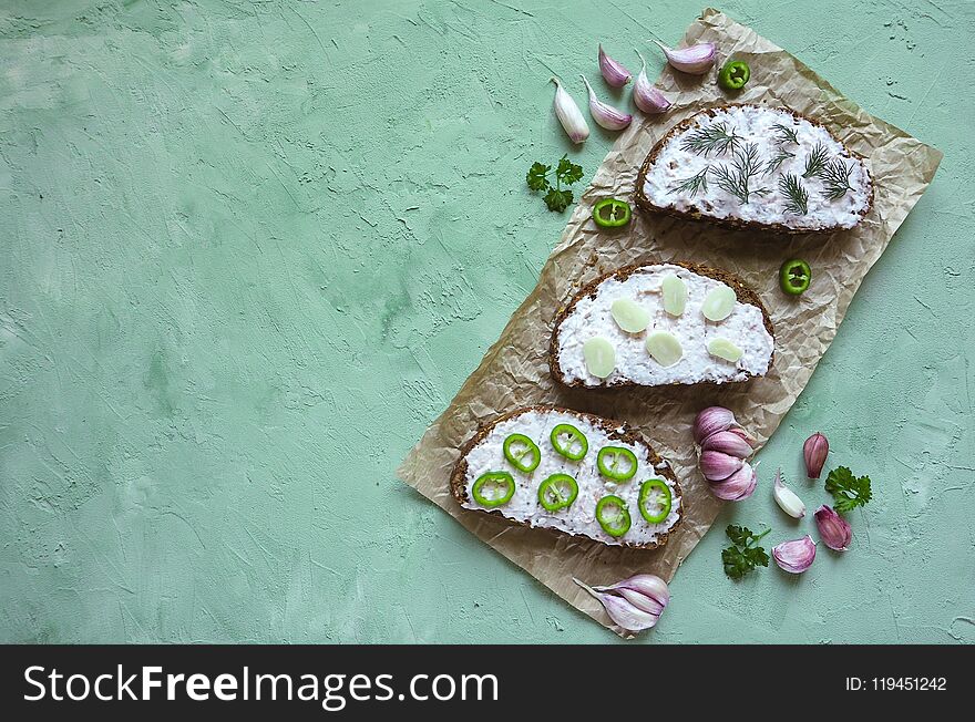 Snacks With Rye Bread And Garlic Sauce.