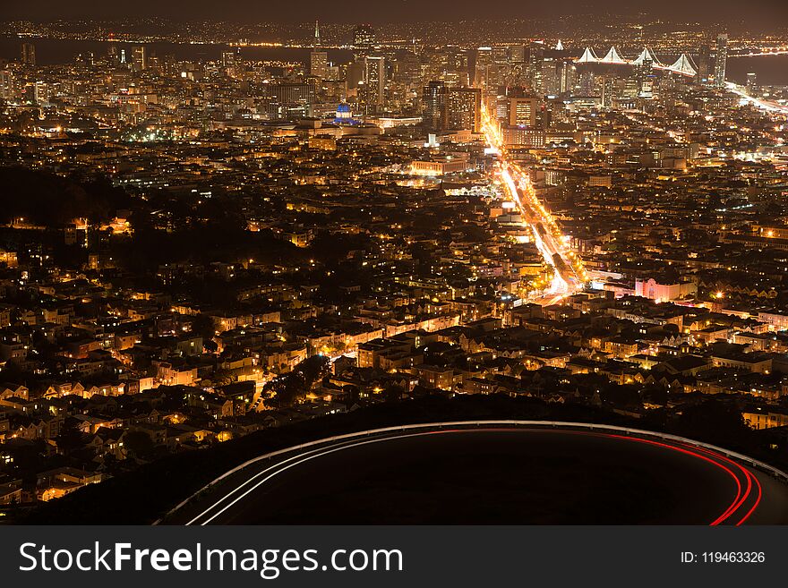 Elevated view of the San Francisco city from the Twin Towers at night, North Beach, San Francisco, California, USA. Elevated view of the San Francisco city from the Twin Towers at night, North Beach, San Francisco, California, USA