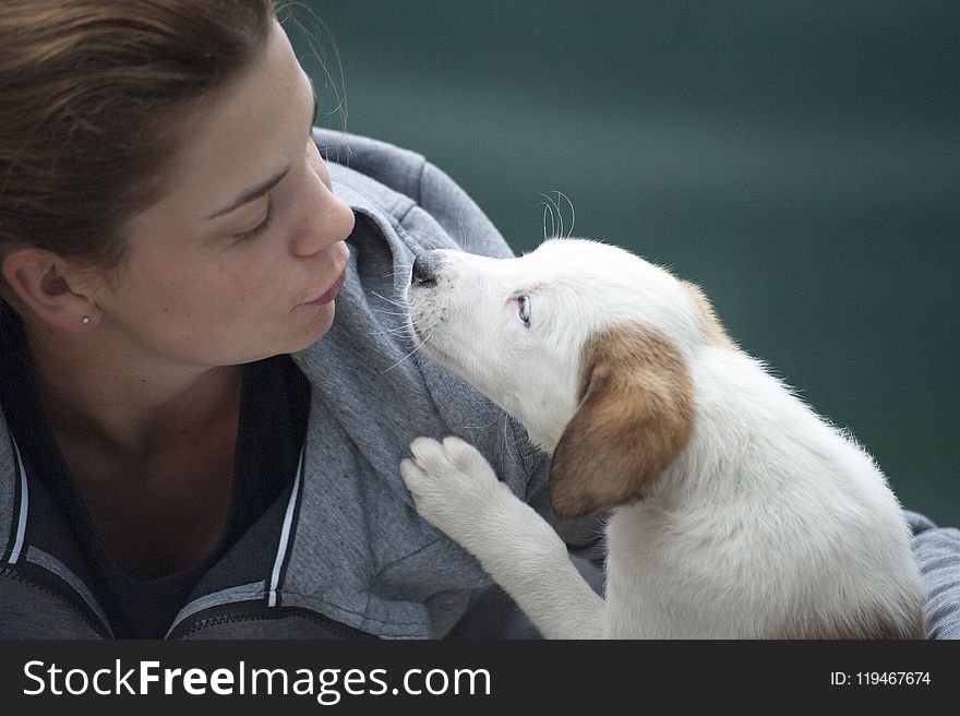 Woman Wearing Gray Jacket Beside White Puppy