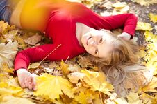 Golden Autumn Leaves, Beautiful Blonde Hair Woman Royalty Free Stock Photo
