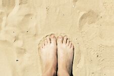 Feet In The Sand. Summer Vacation Concept Stock Photo