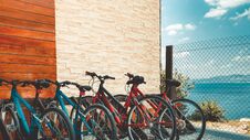 Eco-transport Concept. Bicycle Bicycles For Rent Stand At Row In Stock Images
