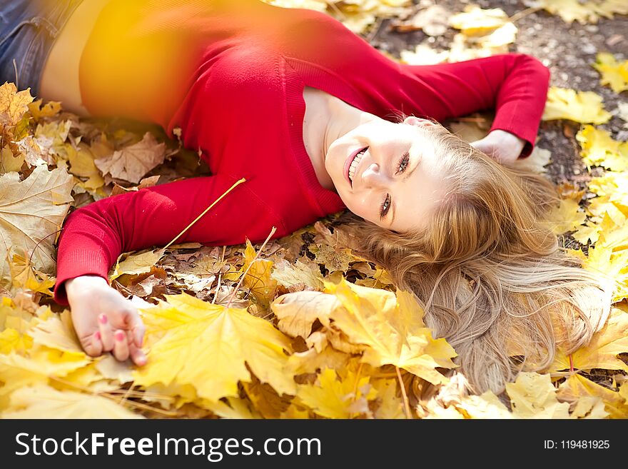 Golden Autumn Leaves, Beautiful Blonde Hair Woman