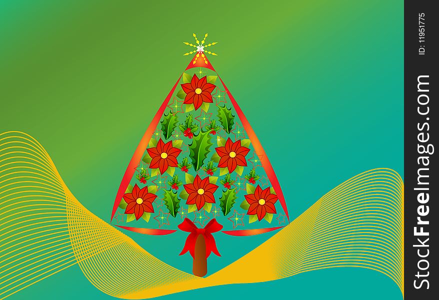 Christmas tree with red poinsettias and leaves
