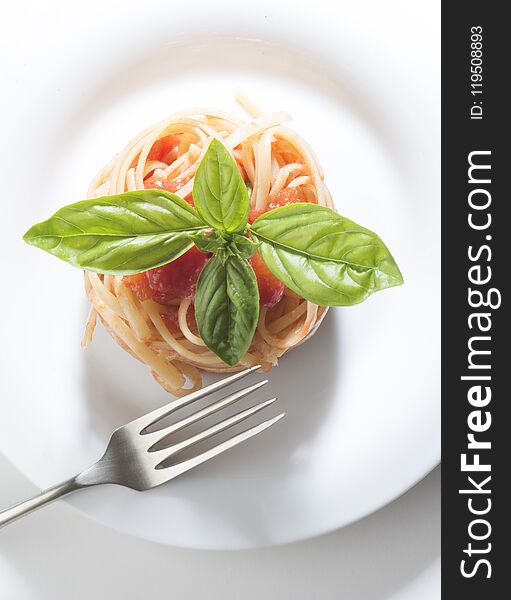 Dish with spaghetti and tomato sauce on white background. Dish with spaghetti and tomato sauce on white background