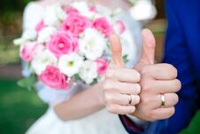 Close-up Bride And Groom`s Hands With Wedding Rings Stock Photo