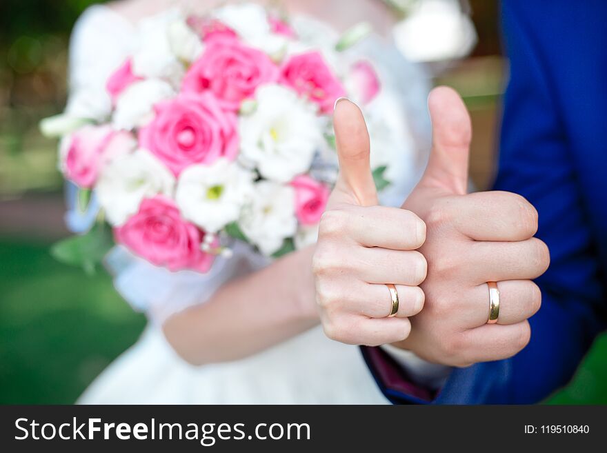 Close-up Bride and groom`s hands with wedding rings. Groom putting golden ring on finger. Love and marriage.