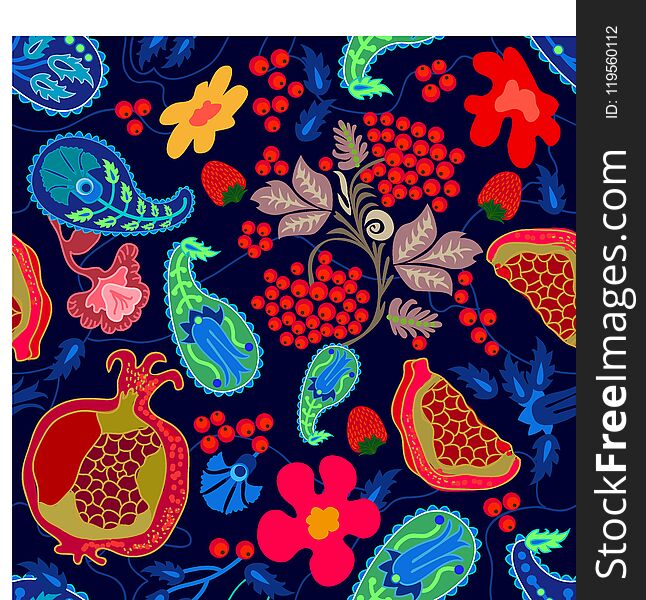 Seamless vector pattern with red pomegranates, flowers and berries on blue background. Folk art style print with Turkish motifs. Seamless vector pattern with red pomegranates, flowers and berries on blue background. Folk art style print with Turkish motifs.