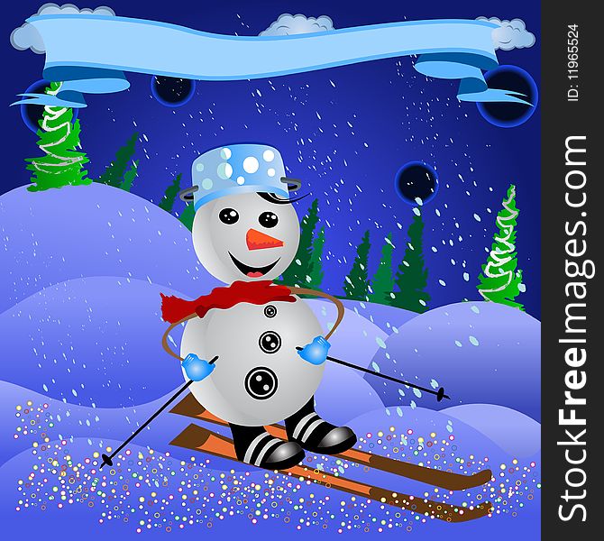 Vector illustration of a skiing snowman with decoration banner.