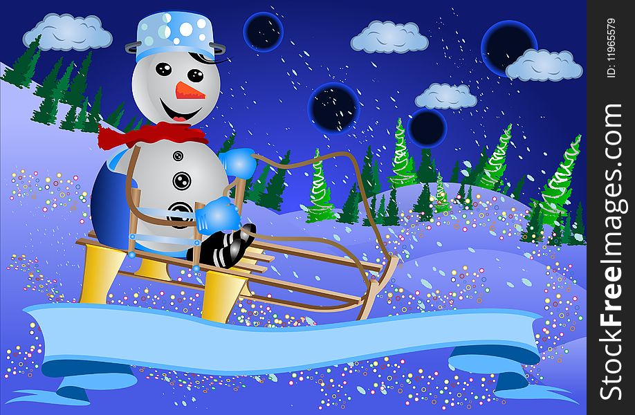 Vector illustration of a smiling snowman sledging, with a decoration banner.
