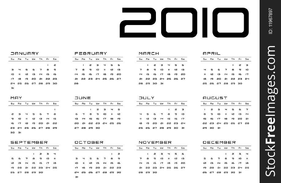 Calendar grid Sunday-Saturday modern design calendar for 2010 horizontal format days of the month