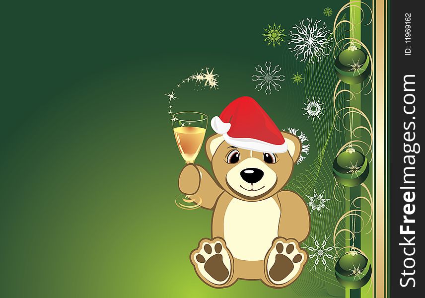 Bruin with glass of champagne. Background for card. Vector illustration