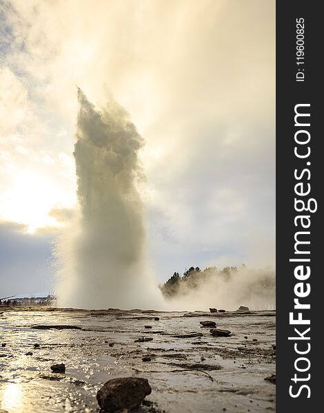 Geyser fountain discharges water at Strokkur Geysir, Iceland located at the golden circle route. A popular landmark for tourists to visit.