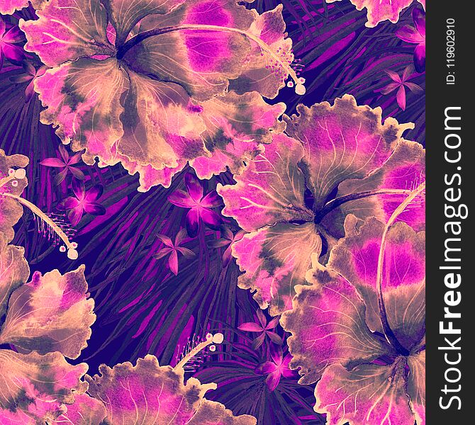 Tropical pattern. Watercolor exotic flowers and monstera leaves. Ultraviolet plants in seamless pattern. Summer hawaiian watercolor background. Tropical palms, monsteras, hibiscus flowers print. Tropical pattern. Watercolor exotic flowers and monstera leaves. Ultraviolet plants in seamless pattern. Summer hawaiian watercolor background. Tropical palms, monsteras, hibiscus flowers print.