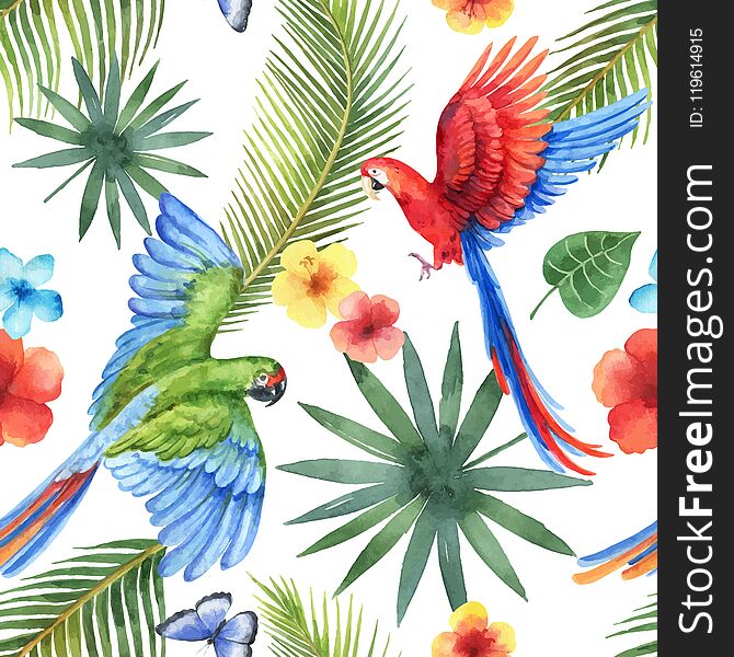 Watercolor vector seamless pattern with parrots, tropical leaves and flowers isolated on white background.